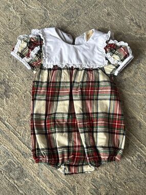 The Beaufort Bonnet Company Red Cream Green Plaid Baby Bubble Romper